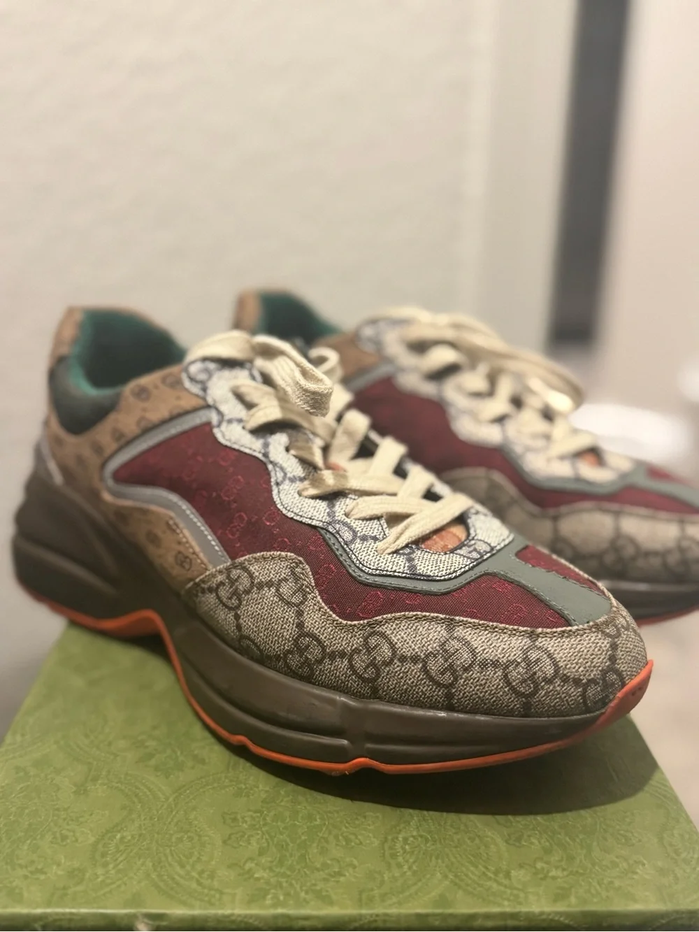 Gucci Multicolor GG Monogram Runner Sneakers - Burgundy, Beige, Teal, Orange - Picture 7 of 9